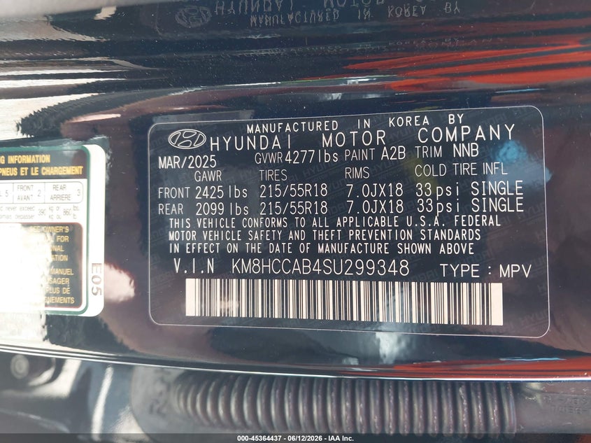 VIN KM8HCCAB4SU299348 2025 HYUNDAI KONA SEL CONVENIENCE