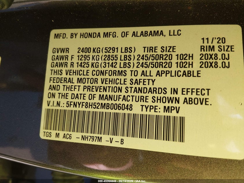 2021 Honda Passport Awd Ex-L VIN: 5FNYF8H52MB006048 Lot: 45364448
