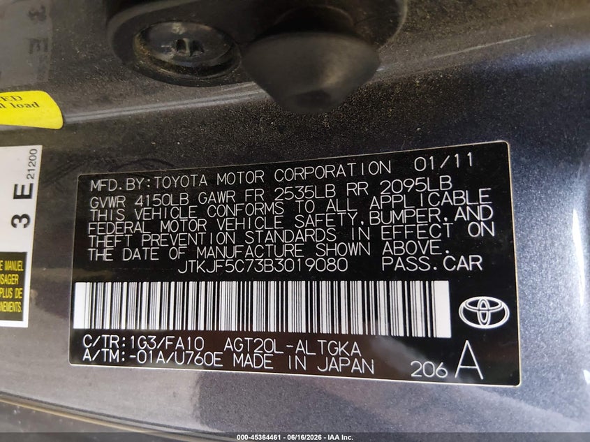 2011 Scion Tc VIN: JTKJF5C73B3019080 Lot: 45364461