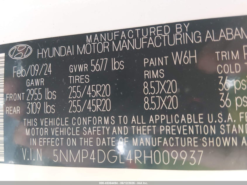 VIN 5NMP4DGL4RH009937 2024 HYUNDAI SANTA FE LIMITED