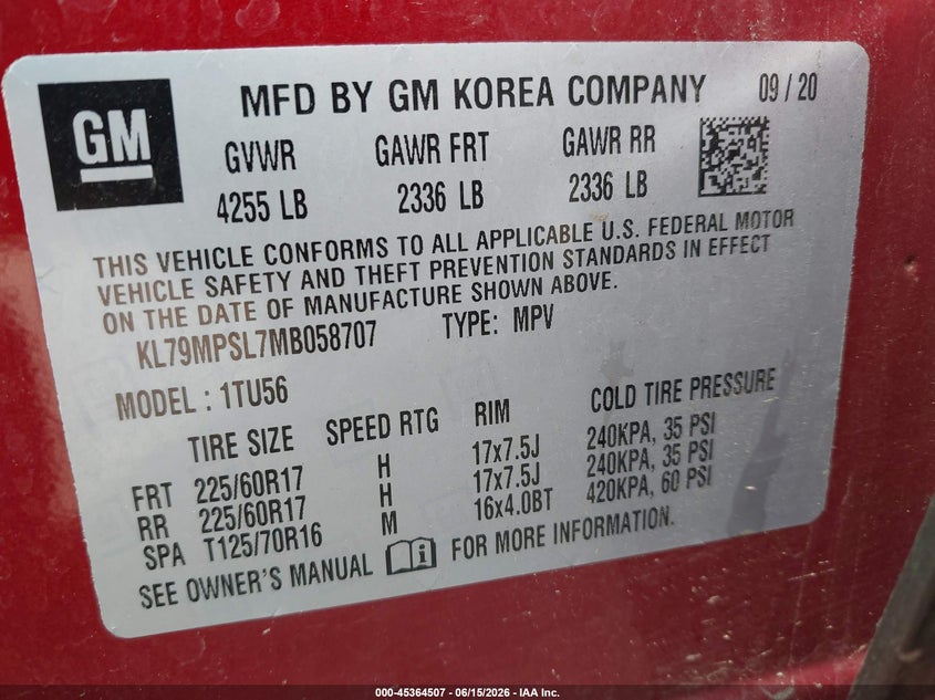VIN KL79MPSL7MB058707 2021 CHEVROLET TRAILBLAZER FWD LT