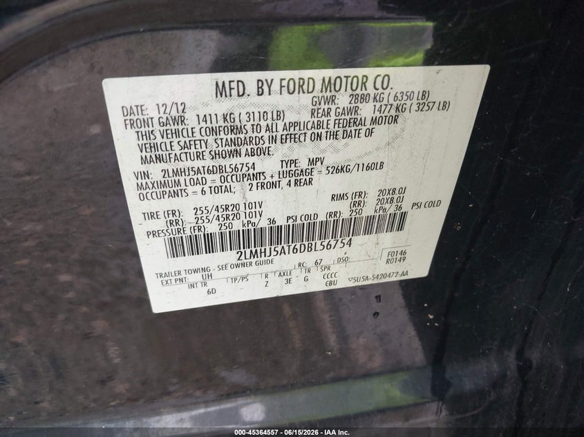 2013 Lincoln Mkt Ecoboost VIN: 2LMHJ5AT6DBL56754 Lot: 45364557