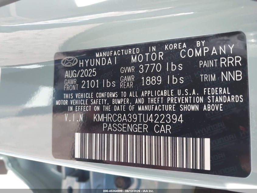2026 Hyundai Venue Sel VIN: KMHRC8A39TU422394 Lot: 45364599