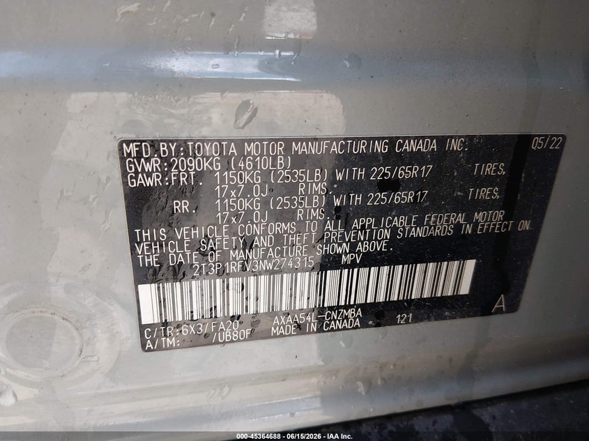 VIN 2T3P1RFV3NW274315 2022 TOYOTA RAV4 XLE