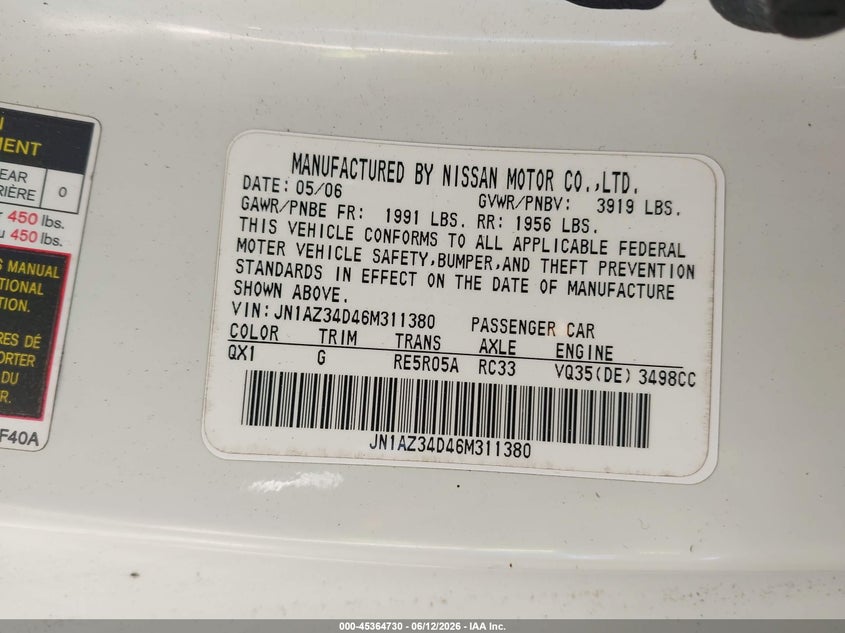 2006 Nissan 350Z Enthusiast VIN: JN1AZ34D46M311380 Lot: 45364730