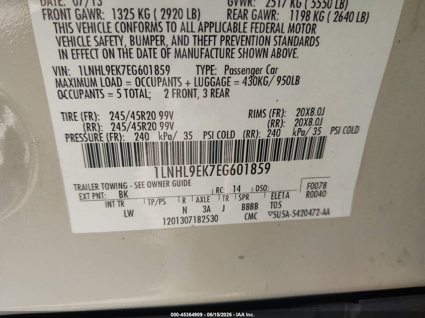2014 Lincoln Mks VIN: 1LNHL9EK7EG601859 Lot: 45364909
