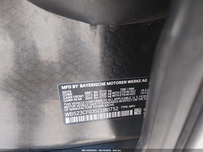 2025 BMW Ix xDrive50 VIN: WB523CF03SCU80752 Lot: 45364930