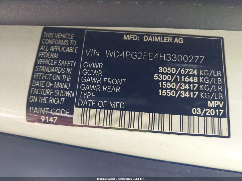 2017 Mercedes-Benz Metris VIN: WD4PG2EE4H3300277 Lot: 45364931