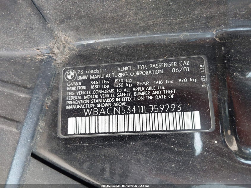 2001 BMW Z3 3.0I VIN: WBACN53411LJ59293 Lot: 45364950