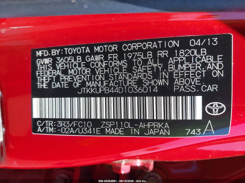 2013 Scion Xd VIN: JTKKUPB44D1036014 Lot: 45364961