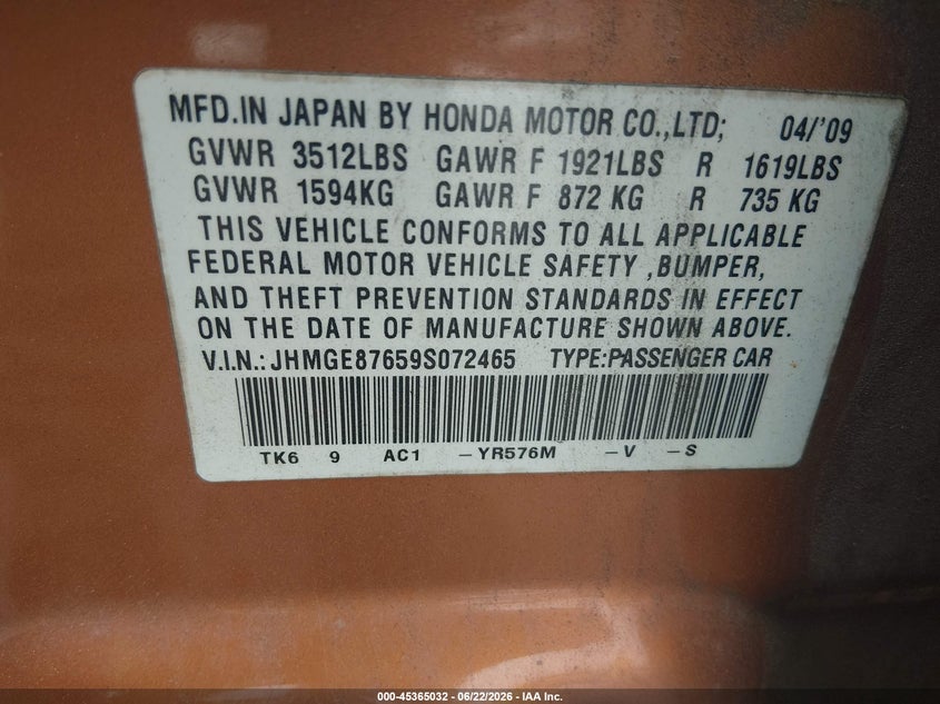 HONDA FIT 2009 VIN JHMGE87659S072465