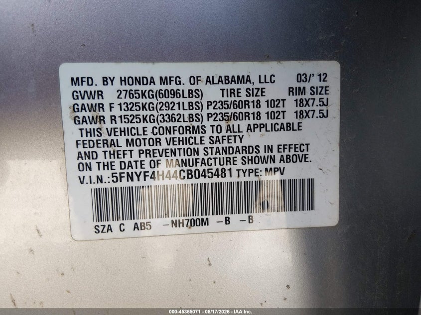 HONDA PILOT 2012 VIN 5FNYF4H44CB045481