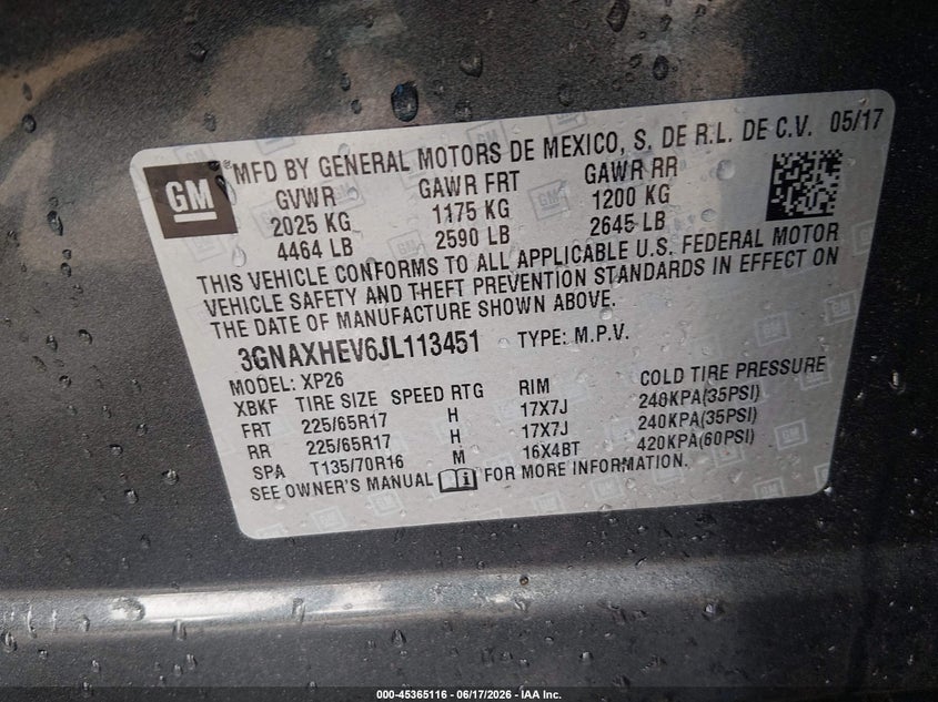 CHEVROLET EQUINOX 2018 VIN 3GNAXHEV6JL113451