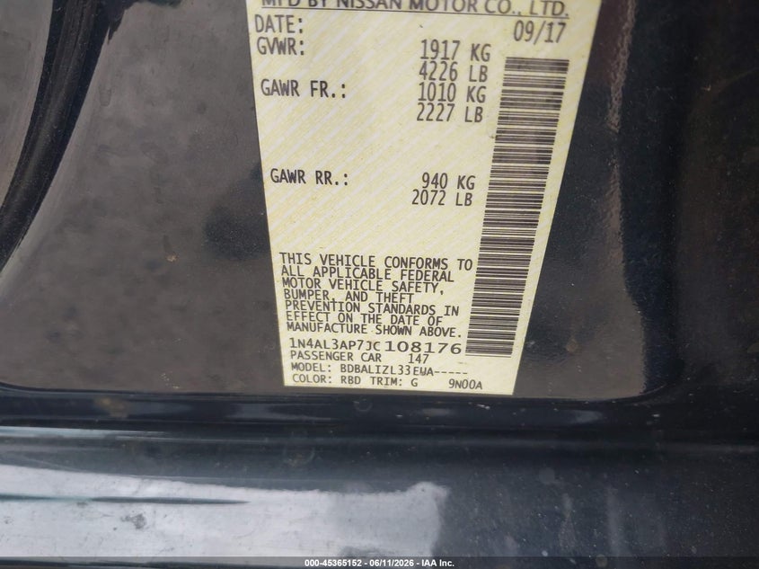 VIN 1N4AL3AP7JC108176 2018 NISSAN ALTIMA 2.5 SV