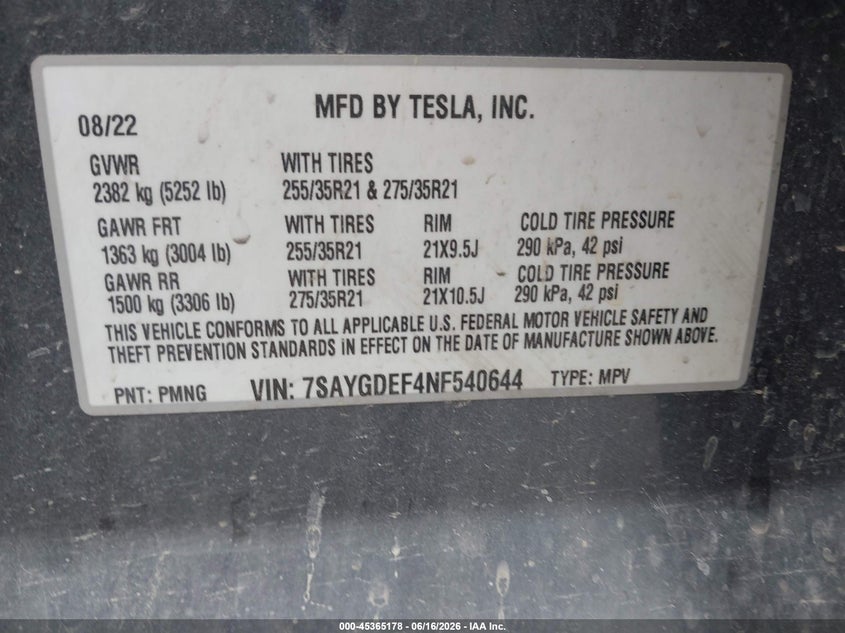 2022 Tesla Model Y Performance Dual Motor All-Wheel Drive VIN: 7SAYGDEF4NF540644 Lot: 45365178