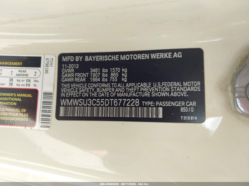 2013 Mini Hardtop Cooper VIN: WMWSU3C55DT677228 Lot: 45365200