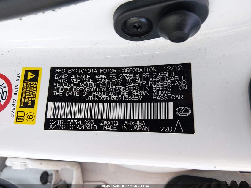 2013 Lexus Ct 200H VIN: JTHKD5BH3D2136659 Lot: 45365233