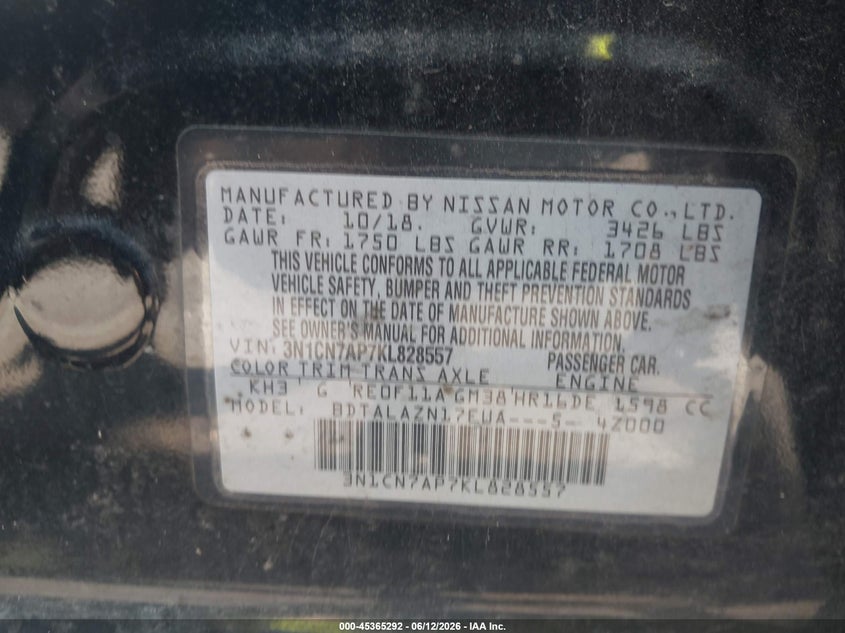 2019 Nissan Versa 1.6 S+ VIN: 3N1CN7AP7KL828557 Lot: 45365292