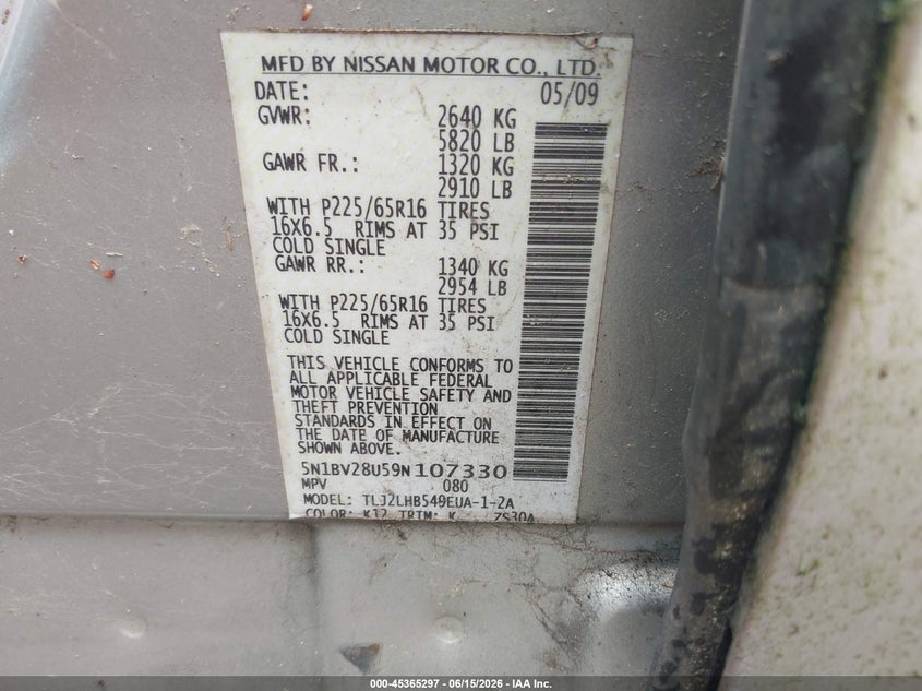 2009 Nissan Quest 3.5 S VIN: 5N1BV28U59N107330 Lot: 45365297