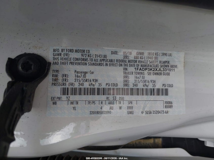 2018 FORD FOCUS HATCHBACK 2.0L I-4 DI, DOHC, VVT, 160HP