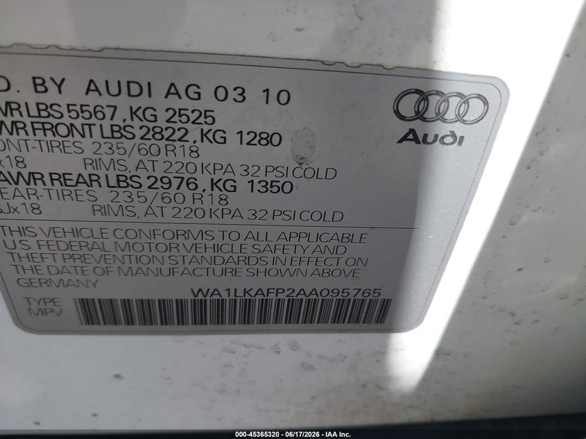 2010 AUDI Q5 SPORT UTILITY VEHICLE 3.2L V-6 DI, DOHC, VVT, 270HP