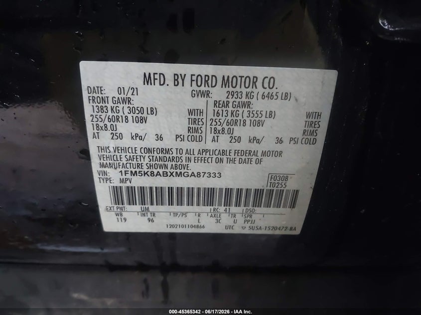 VIN 1FM5K8ABXMGA87333 2021 FORD POLICE INTERCEPTOR UTILITY