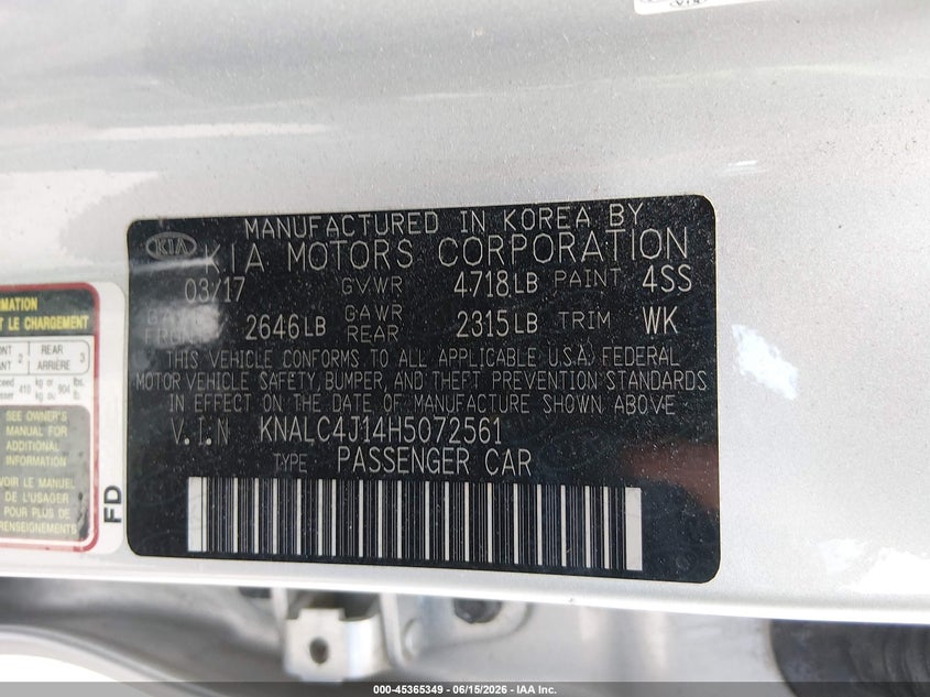 2017 Kia Cadenza Technology VIN: KNALC4J14H5072561 Lot: 45365349