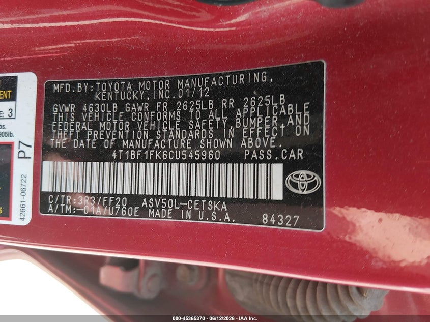 2012 TOYOTA CAMRY SEDAN 2.5L I-4 DOHC, VVT, 173HP