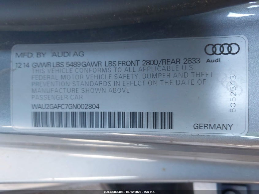 2016 Audi A7 3.0 Prestige VIN: WAU2GAFC7GN002804 Lot: 45365408