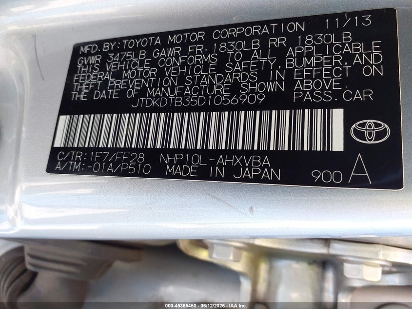 2013 Toyota Prius C Two VIN: JTDKDTB35D1056909 Lot: 45365450