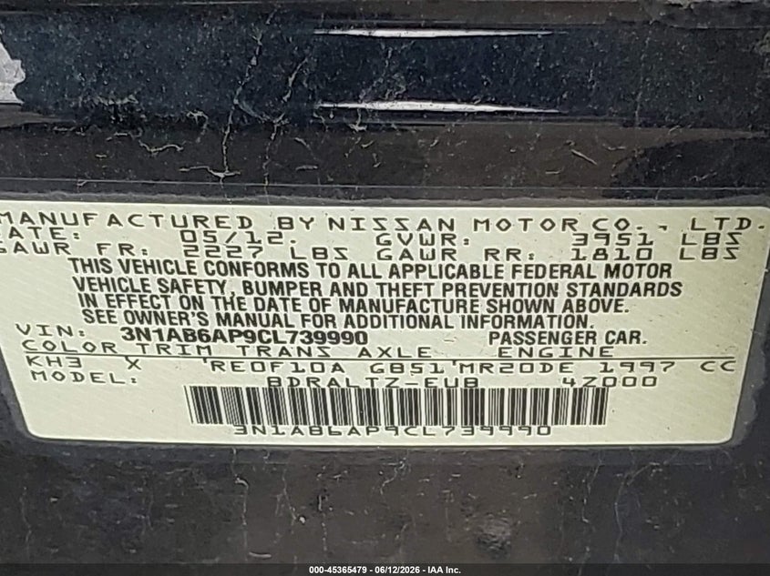 2012 Nissan Sentra 2.0 S VIN: 3N1AB6AP9CL739990 Lot: 45365479