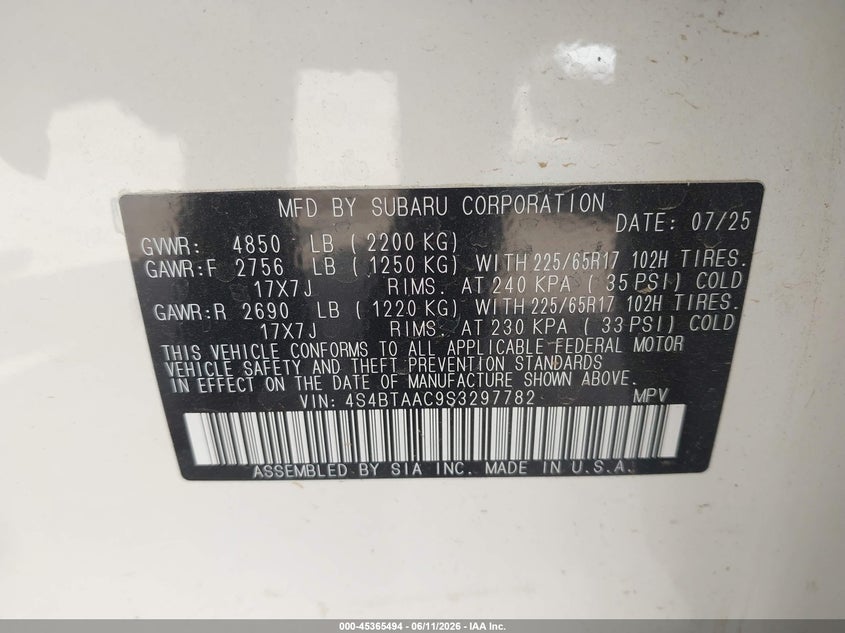 2025 Subaru Outback VIN: 4S4BTAAC9S3297782 Lot: 45365494