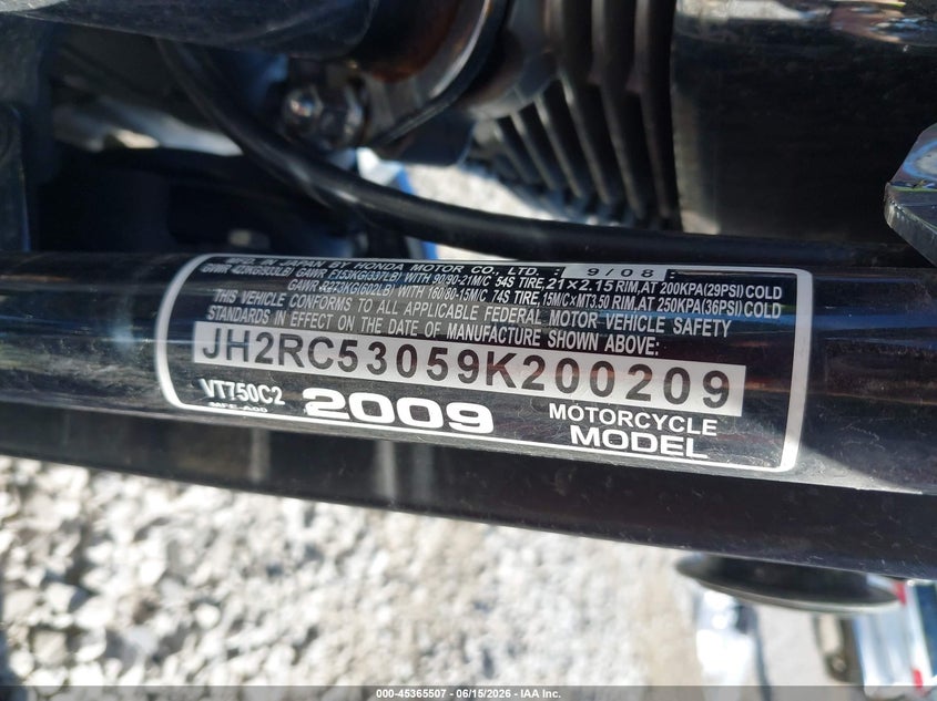 2009 Honda Vt750 C2 VIN: JH2RC53059K200209 Lot: 45365507