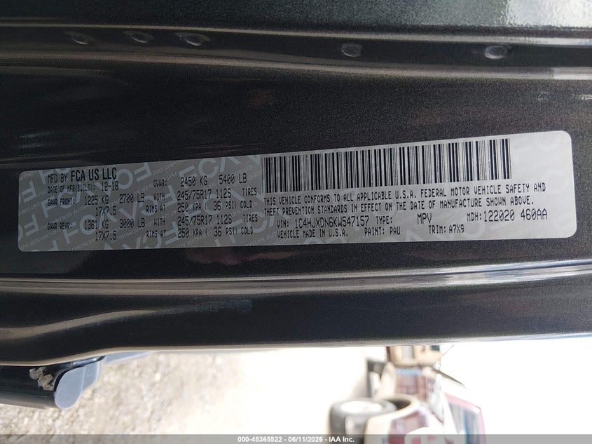 JEEP WRANGLER UNLIMITED 2019 VIN 1C4HJXDN6KW547157