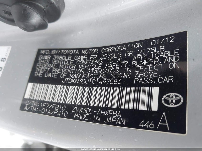 2012 Toyota Prius Two VIN: JTDKN3DU1C1497583 Lot: 45365542