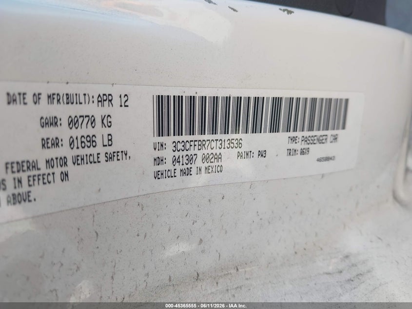 2012 Fiat 500 Sport VIN: 3C3CFFBR7CT313536 Lot: 45365555