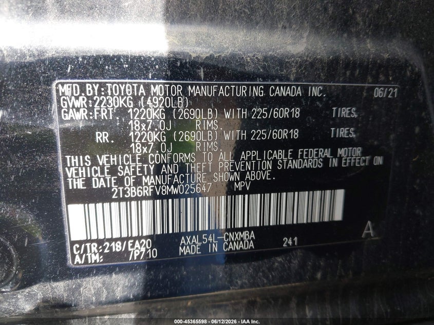 2021 TOYOTA RAV4(VIN: 2T3B6RFV8MW025647