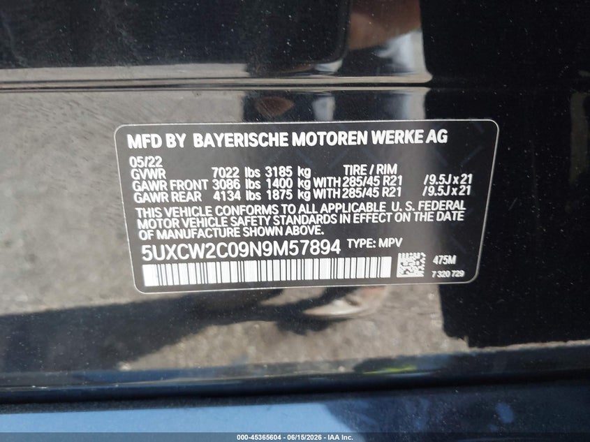 2022 BMW X7 xDrive40I VIN: 5UXCW2C09N9M57894 Lot: 45365604