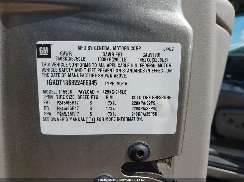2002 GMC Envoy Slt VIN: 1GKDT13S822466945 Lot: 45365606
