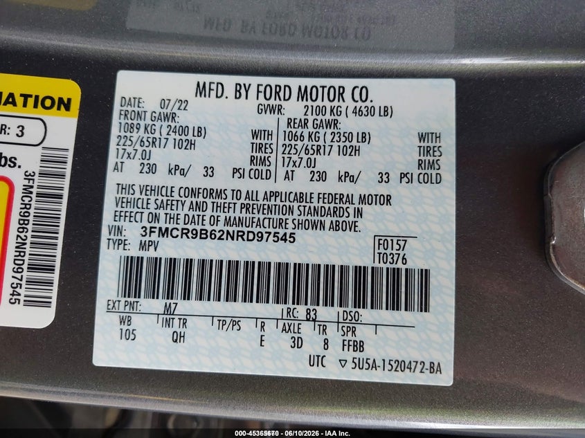 2022 Ford Bronco Sport Big Bend VIN: 3FMCR9B62NRD97545 Lot: 45365670
