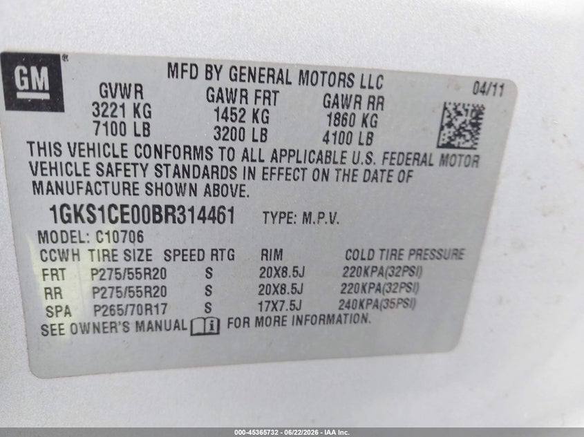 2011 GMC Yukon Slt VIN: 1GKS1CE00BR314461 Lot: 45365732