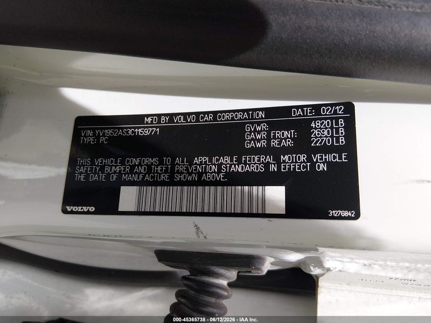2012 Volvo S80 3.2L/3.2L Platinum/3.2L Premier Plus VIN: YV1952AS3C1159771 Lot: 45365738
