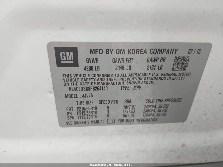 2015 Buick Encore Premium VIN: KL4CJDSB8FB264140 Lot: 45365791