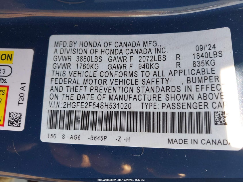 VIN 2HGFE2F54SH531020 2025 HONDA CIVIC SPORT