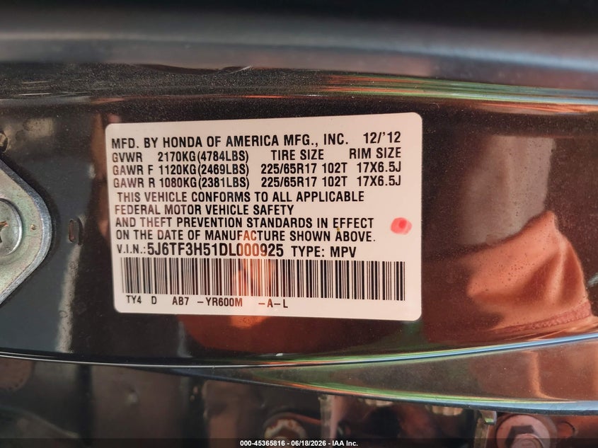 2013 Honda Crosstour Ex-L VIN: 5J6TF3H51DL000925 Lot: 45365816