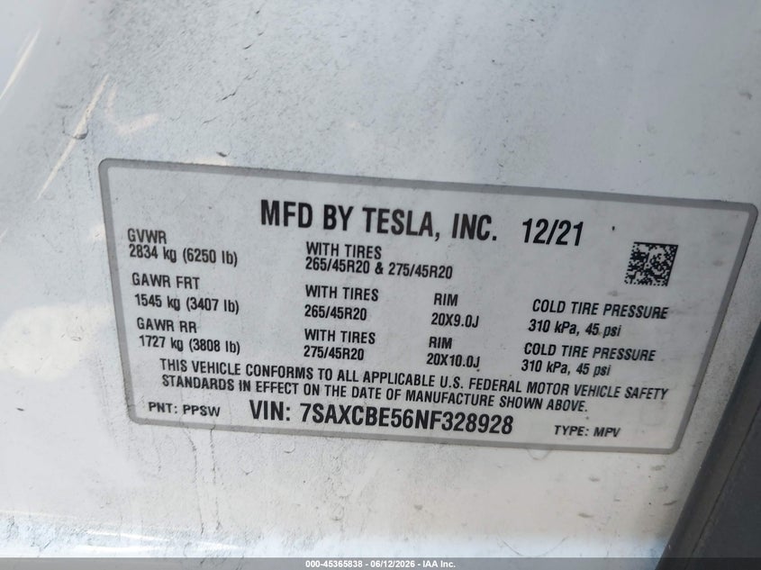 2022 Tesla Model X Dual Motor All-Wheel Drive VIN: 7SAXCBE56NF328928 Lot: 45365838