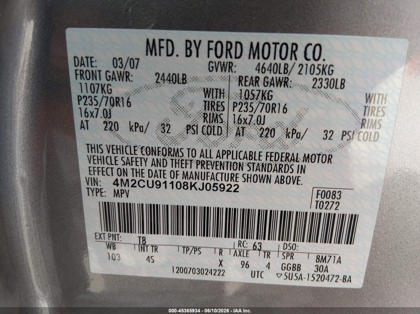 2008 Mercury Mariner V6 VIN: 4M2CU91108KJ05922 Lot: 45365934