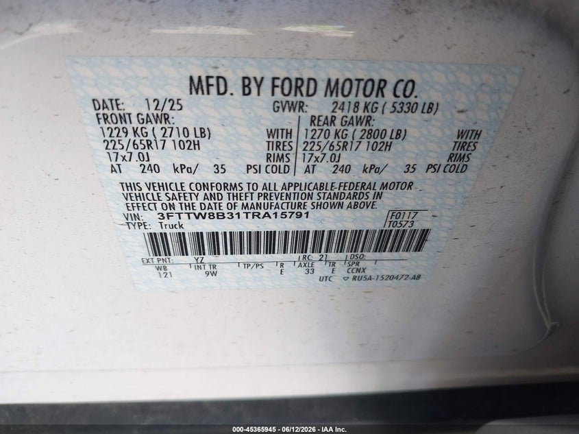 2026 Ford Maverick Xl VIN: 3FTTW8B31TRA15791 Lot: 45365945