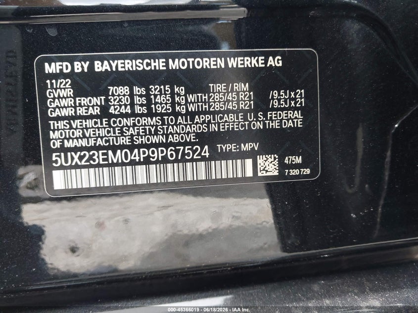 2023 BMW X7 xDrive40I VIN: 5UX23EM04P9P67524 Lot: 45366019