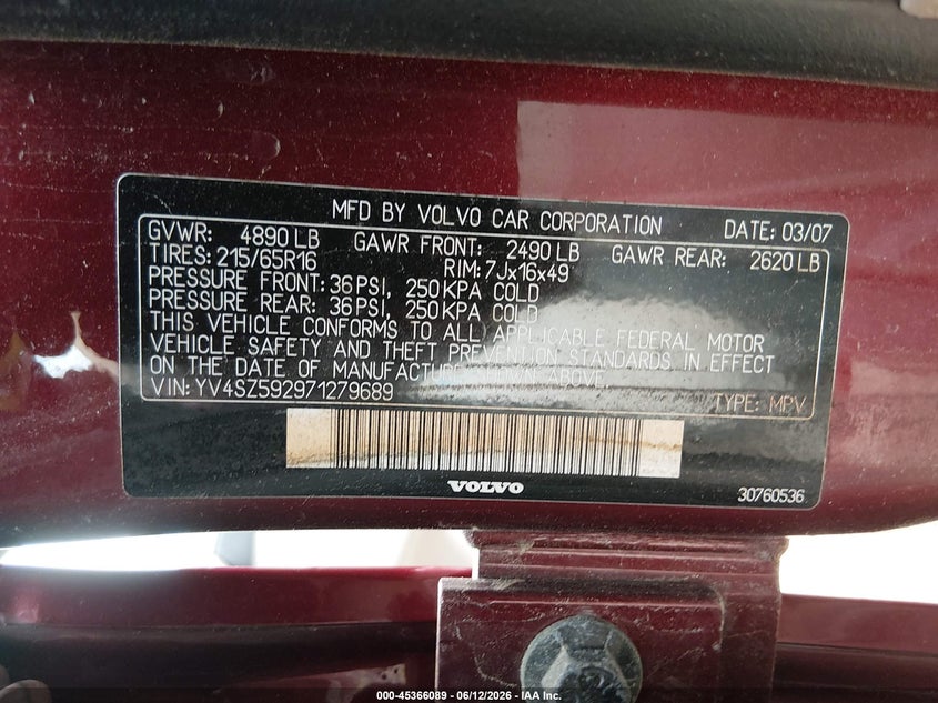2007 Volvo Xc70 2.5T VIN: YV4SZ592971279689 Lot: 45366089